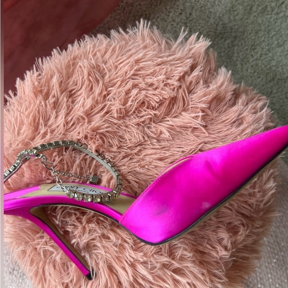 Jimmy Choo fuchsia satin Saeda 100 Crystal embellished strappy pumps - Picture 3 of 6